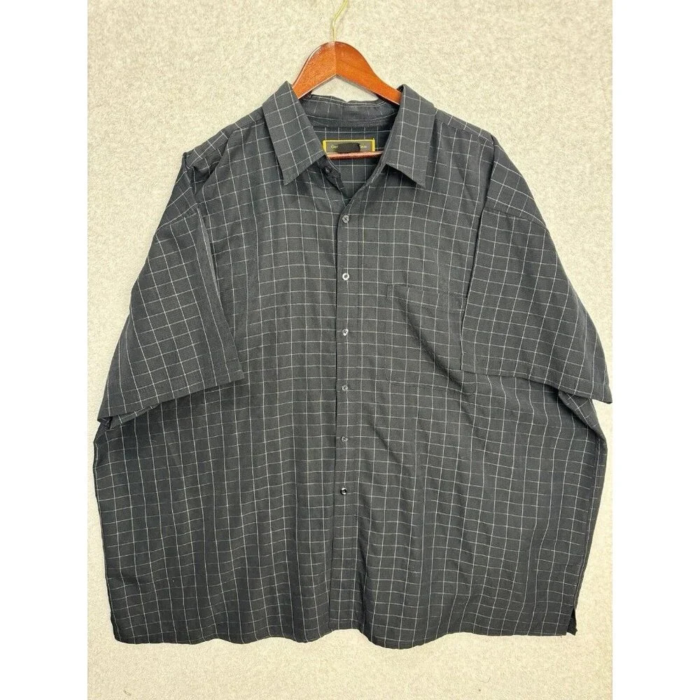 George Foreman 4XL‎ Big-XXXXL Black Short Sleeve Button Up Windowpane Plaid EUC